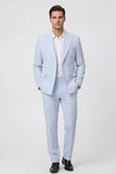 Light Blue 2 Piece Striped Peak Lapel Double Breasted Men's Work Suits
