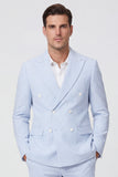 Light Blue 2 Piece Striped Peak Lapel Double Breasted Men's Work Suits