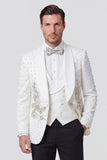 White 3 Piece Shawl Lapel One Button Men's Wedding Suits with Pearls