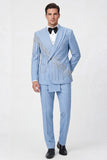 Light Blue Peak Lapel 2 Piece Double Breasted Men's Prom Suits with Beading