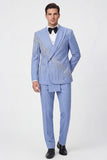 Light Blue Peak Lapel 2 Piece Double Breasted Men's Prom Suits with Beading