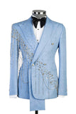 Light Blue Peak Lapel 2 Piece Double Breasted Men's Prom Suits with Beading