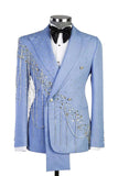 Light Blue Peak Lapel 2 Piece Double Breasted Men's Prom Suits with Beading