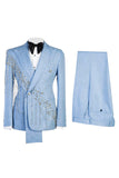 Light Blue Peak Lapel 2 Piece Double Breasted Men's Prom Suits with Beading