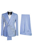 Light Blue Peak Lapel 2 Piece Double Breasted Men's Prom Suits with Beading
