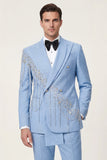 Light Blue Peak Lapel 2 Piece Double Breasted Men's Prom Suits with Beading