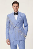 Light Blue Peak Lapel 2 Piece Double Breasted Men's Prom Suits with Beading