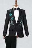 Blue Notched Lapel One Button Embroidered Men's Prom Suits