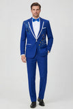 Blue Notched Lapel One Button Embroidered Men's Prom Suits