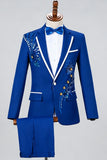 Blue Notched Lapel One Button Embroidered Men's Prom Suits