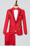 Blue Notched Lapel One Button Embroidered Men's Prom Suits