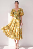 Yellow A-Line V-Neck Midi Floral Dress with Puff Sleeves
