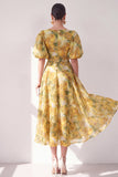 Yellow A-Line V-Neck Midi Floral Dress with Puff Sleeves