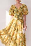 Yellow A-Line V-Neck Midi Floral Dress with Puff Sleeves