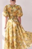 Yellow A-Line V-Neck Midi Floral Dress with Puff Sleeves