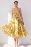 Yellow Strapless A-Line Chiffon Printed Midi Floral Dress