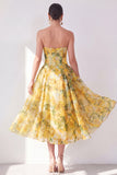 Yellow Strapless A-Line Chiffon Printed Midi Floral Dress