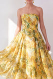 Yellow Strapless A-Line Chiffon Printed Midi Floral Dress
