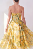 Yellow Strapless A-Line Chiffon Printed Midi Floral Dress
