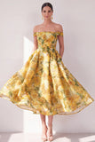 Yellow Off the Shoulder A-Line Chiffon Printed Midi Floral Dress with Pockets