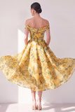 Yellow Off the Shoulder A-Line Chiffon Printed Midi Floral Dress with Pockets