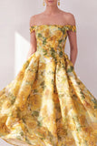 Yellow Off the Shoulder A-Line Chiffon Printed Midi Floral Dress with Pockets