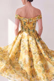 Yellow Off the Shoulder A-Line Chiffon Printed Midi Floral Dress with Pockets
