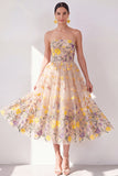 Strapless Apricot A-Line Embroidered Midi Floral Dress
