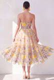 Strapless Apricot A-Line Embroidered Midi Floral Dress