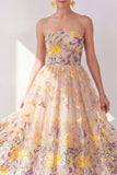 Strapless Apricot A-Line Embroidered Midi Floral Dress