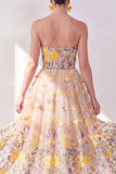 Strapless Apricot A-Line Embroidered Midi Floral Dress