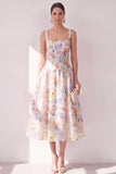White Purple Flower A-Line Square Neck Midi Floral Dress