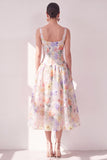 White Purple Flower A-Line Square Neck Midi Floral Dress