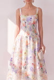 White Purple Flower A-Line Square Neck Midi Floral Dress