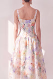 White Purple Flower A-Line Square Neck Midi Floral Dress
