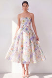 Strapless A-Line Midi Purple Floral Dress