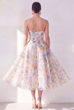 Strapless A-Line Midi Purple Floral Dress