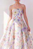 Strapless A-Line Midi Purple Floral Dress