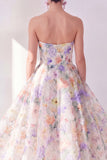 Strapless A-Line Midi Purple Floral Dress