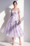 Off the Shoulder Lilac A-Line Ruched Midi Floral Dress