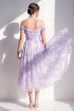 Off the Shoulder Lilac A-Line Ruched Midi Floral Dress