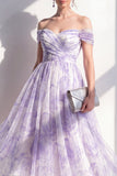 Off the Shoulder Lilac A-Line Ruched Midi Floral Dress