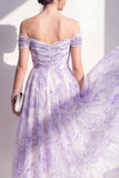 Off the Shoulder Lilac A-Line Ruched Midi Floral Dress