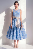 Blue A-Line Round Neck Embroidered Midi Dress with Bow