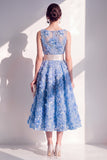 Blue A-Line Round Neck Embroidered Midi Dress with Bow