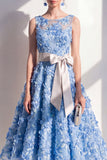 Blue A-Line Round Neck Embroidered Midi Dress with Bow