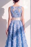 Blue A-Line Round Neck Embroidered Midi Dress with Bow