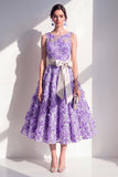 Blue A-Line Round Neck Embroidered Midi Dress with Bow