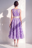 Blue A-Line Round Neck Embroidered Midi Dress with Bow