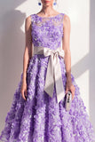 Blue A-Line Round Neck Embroidered Midi Dress with Bow